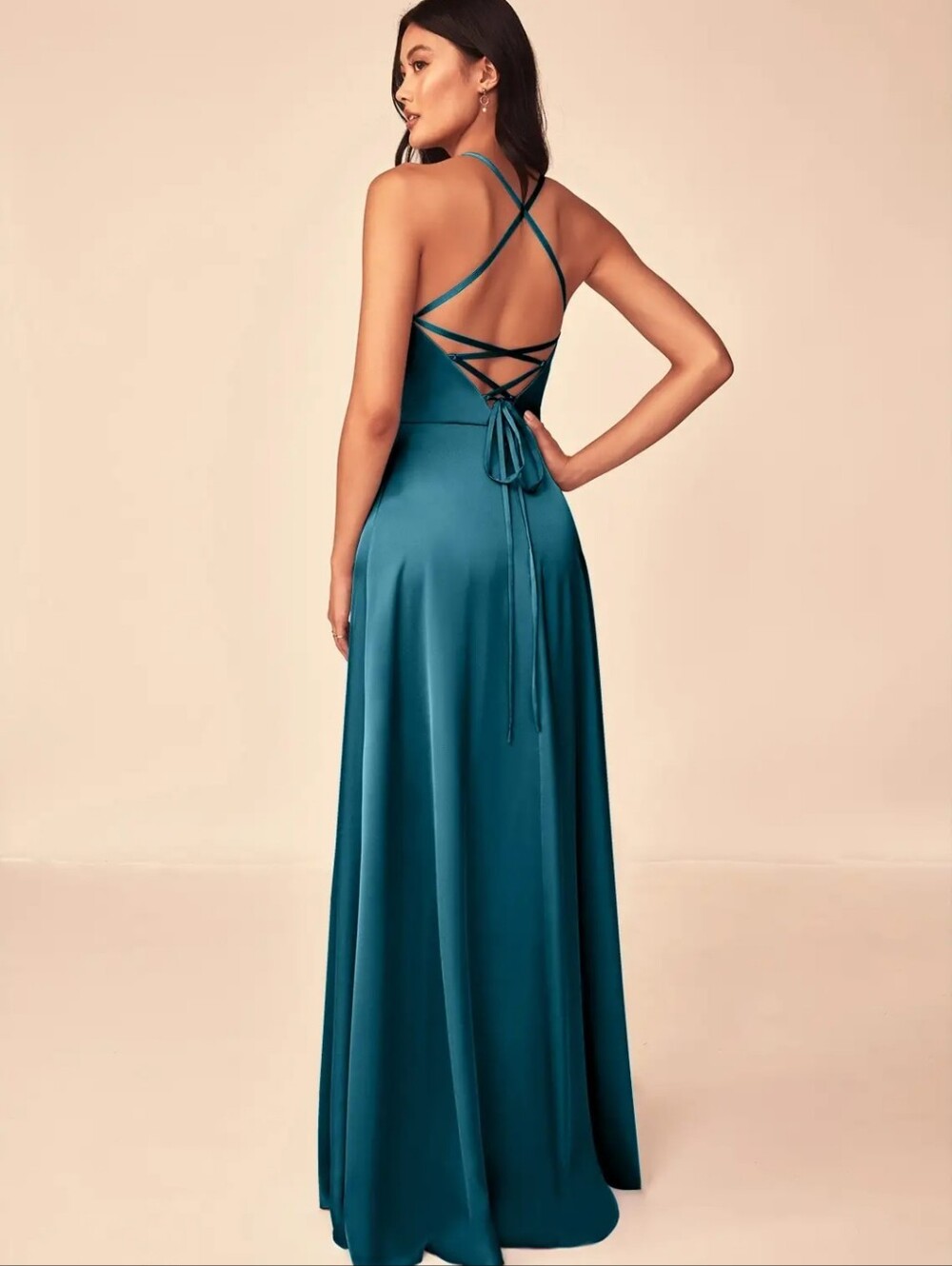 Azazie Mei Vneck Blue Satin Spaghetti-Strap  Open Back Maxi Dress A12 Bridesmaid